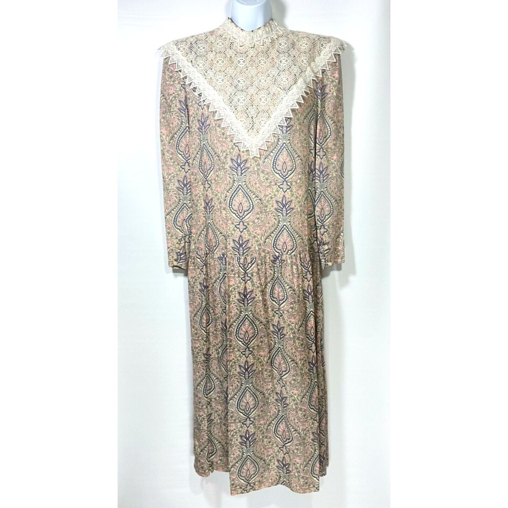 Patty O'Neil Vintage 80s Pink Paisley Drop Waist Lace Collar Dress sz 12